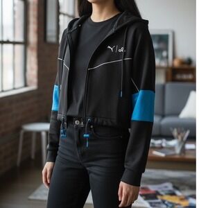 Puma Cloud9 Cropped Zip‎ Up Hoodie Black Blue Women's Size L